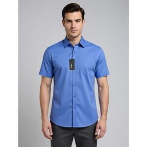 Men's Dress Shirt Button Down OMEGA Italy Designer Short Sleeve XL Blue